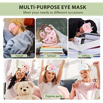Geyoga 6 Pcs Plush Sleep Eye Mask - Bunny, Unicorn, Cat & Cute Animal Designs - Soft Blindfold Sleeping Eye Shade for Adult Travel, 6 Styles Rainbow Color