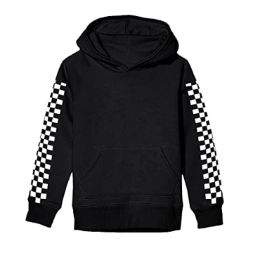 Kids Boys Girls Classic Hoodies Pullover Casual Plaid Long Sleeve Pocket Hooded Sweatshirt Black