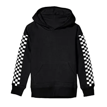 Kids Boys Girls Classic Hoodies Pullover Casual Plaid Long Sleeve Pocket Hooded Sweatshirt Black