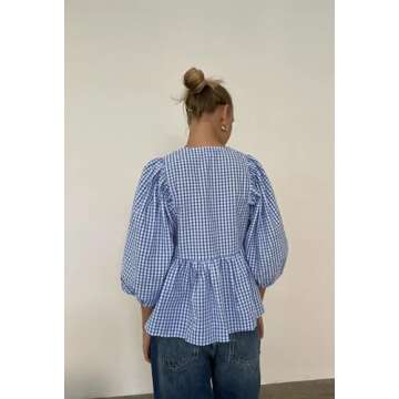 AKLOPVII Women Tie Up Front Plaid Peplum Tops Loose Crewneck 3/4 Puff Sleeve Blouse Shirts Y2K Going Out Preppy Clothes