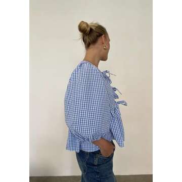 AKLOPVII Women Tie Up Front Plaid Peplum Tops Loose Crewneck 3/4 Puff Sleeve Blouse Shirts Y2K Going Out Preppy Clothes