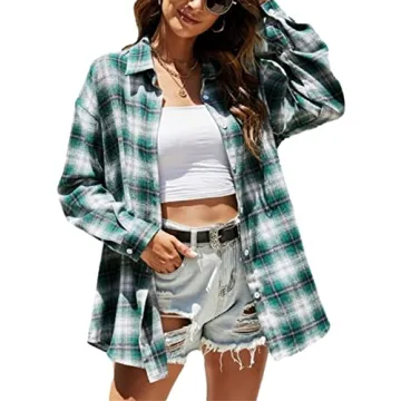 Bozanly Flannel Buffalo Plaid Shirts for Women Oversized Button Down Shacket Blouse Tops