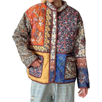 ROJZR Women's Cropped Puffer Quilted Jacket Lightweight Floral Printed Open Front Padded Cardigan Co...