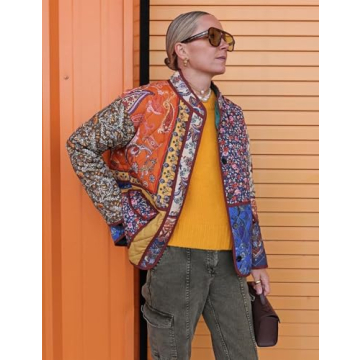 ROJZR Women's Cropped Puffer Quilted Jacket Lightweight Floral Printed Open Front Padded Cardigan Coat Outwear(01Red-S)