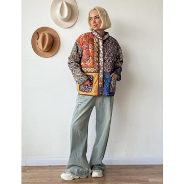 ROJZR Women's Cropped Puffer Quilted Jacket Lightweight Floral Printed Open Front Padded Cardigan Coat Outwear(01Red-S)