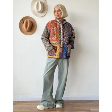 ROJZR Women's Cropped Puffer Quilted Jacket Lightweight Floral Printed Open Front Padded Cardigan Coat Outwear(01Red-S)