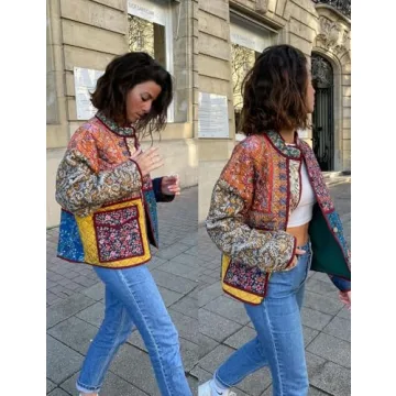 ROJZR Women's Cropped Puffer Quilted Jacket Lightweight Floral Printed Open Front Padded Cardigan Coat Outwear(01Red-S)