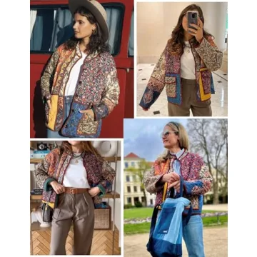 ROJZR Women's Cropped Puffer Quilted Jacket Lightweight Floral Printed Open Front Padded Cardigan Coat Outwear(01Red-S)