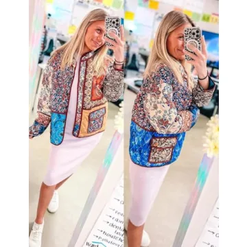 ROJZR Women's Cropped Puffer Quilted Jacket Lightweight Floral Printed Open Front Padded Cardigan Coat Outwear(01Red-S)