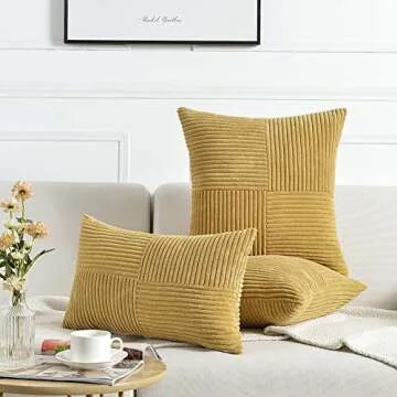 Fancy Homi 4 Packs Mustard Yellow Decorative Throw Pillow Covers 18x18 Inch for Living Room Couch Bed, Farmhouse Boho Home Decor, Soft Corss Corduroy Patchwork Textured Accent Cushion Case 45x45 cm