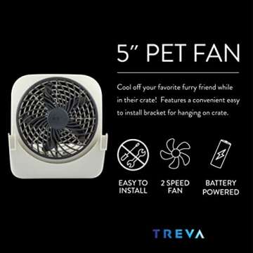 Treva 5-inch Pet Crate Fan for Cooling Dogs and Other Pets. 2 Cooling Speeds, Battery Powered