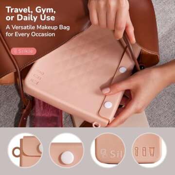 SILKLE Silicone Makeup Bag - Versatile Makeup Organizer with Buttons and Diamond Design, Travel Toiletry Bag and Makeup Brush Holder - Compact and Stylish Cosmetic Bag for Daily Use - Khaki