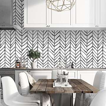 HAOKHOME Boho Peel and Stick Wallpaper Stripe Herringbone Black White Vinyl Self Adhesive Room Decor...
