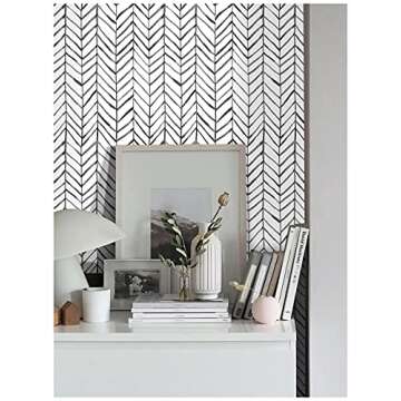 HAOKHOME Boho Peel and Stick Wallpaper Stripe Herringbone Black White Vinyl Self Adhesive Room Decor Contact Paper 17.7in x 9.8ft