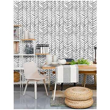 HAOKHOME Boho Peel and Stick Wallpaper Stripe Herringbone Black White Vinyl Self Adhesive Room Decor Contact Paper 17.7in x 9.8ft