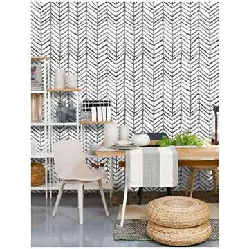HAOKHOME Boho Peel and Stick Wallpaper Stripe Herringbone Black White Vinyl Self Adhesive Room Decor Contact Paper 17.7in x 9.8ft