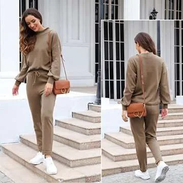 Fixmatti Women's 2 Piece Fall Outfits Sweatshirt Matching Sweatpants Jogger Set Tracksuit Coffee L