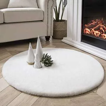 Ashler Faux Rabbit Fur Rug, White 3x3 ft Round Fluffy Faux Fur Rug, Shaggy Area Rug for Bedroom, Liv...
