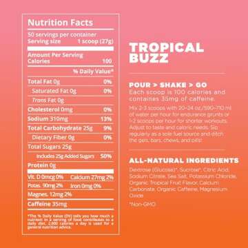 Tailwind Nutrition Endurance Fuel, Electrolyte & Hydration Sports Drink Mix Powder with Caffeine, Gluten-Free, Vegan, Tropical Buzz, 50 Servings (Caffeinated)
