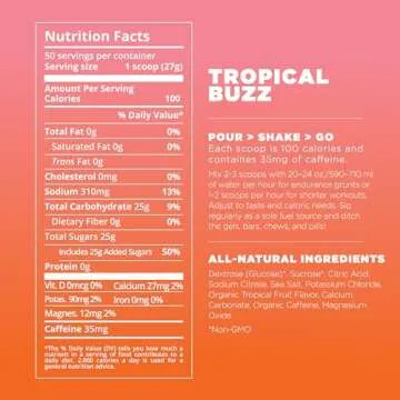 Tailwind Nutrition Endurance Fuel, Electrolyte & Hydration Sports Drink Mix Powder with Caffeine, Gluten-Free, Vegan, Tropical Buzz, 50 Servings (Caffeinated)