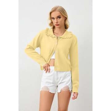 ICOBID Women's Lapel Knitted Long Sleeve Cropped Cardigan Button Ruffle Collar Sweaters Trendy Fall ...