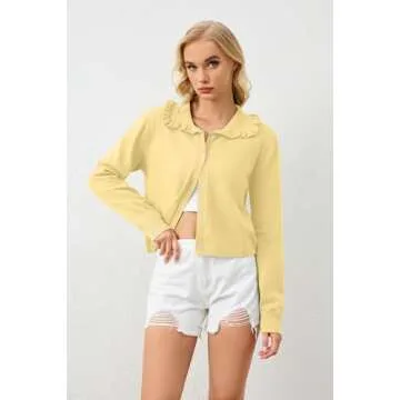 ICOBID Women's Lapel Knitted Long Sleeve Cropped Cardigan Button Ruffle Collar Sweaters Trendy Fall ...