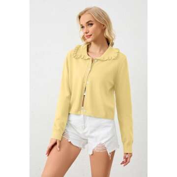 ICOBID Women's Lapel Knitted Long Sleeve Cropped Cardigan Button Ruffle Collar Sweaters Trendy Fall Winter Outwear Coats Yellow
