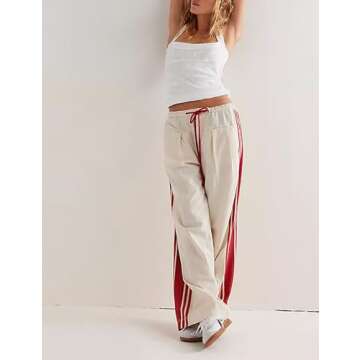 Hongsui Women's Wide Leg Pants Drawstring High Rise Side Striped Slouchy Palazzo Pants with Pockets (Beige-Small)