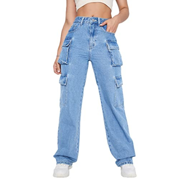 MakeMeChic Women's High Waist Cargo Jeans - Flap Pocket, Straight Leg Denim Pants in Light Wash
