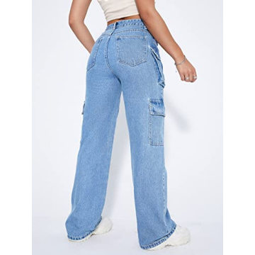 MakeMeChic Women's High Waist Cargo Jeans in Light Wash