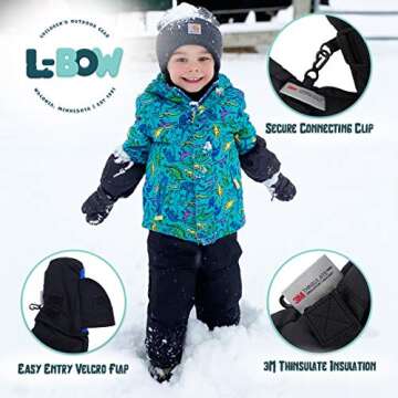 L-Bow Kids Mittens + Super Soft Easy Entry Style for Kids Mittens + Waterproof Stay On Design + Cold...
