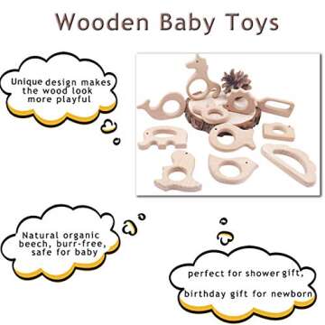Promise Babe Wooden Baby Toys 11pc Bird Elephant Wood Montessori Toys Organic Infant Handmade Pendant Rings Set Shower GIFT