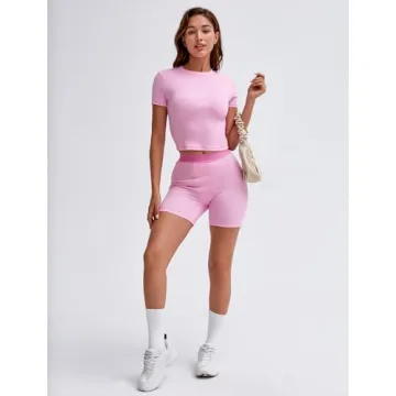 UNDER CLOUD Two Piece Outfits for Women Matching Lounge Sets Tracksuit Casual Workout Clothes Ribbed T-shirt Boxer Shorts Crew Neck Streetwear Pajama Pink L