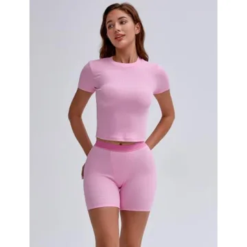 UNDER CLOUD Two Piece Outfits for Women Matching Lounge Sets Tracksuit Casual Workout Clothes Ribbed T-shirt Boxer Shorts Crew Neck Streetwear Pajama Pink L