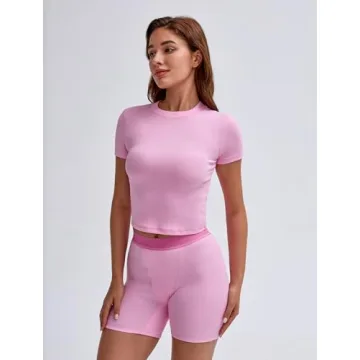 UNDER CLOUD Two Piece Outfits for Women Matching Lounge Sets Tracksuit Casual Workout Clothes Ribbed T-shirt Boxer Shorts Crew Neck Streetwear Pajama Pink L