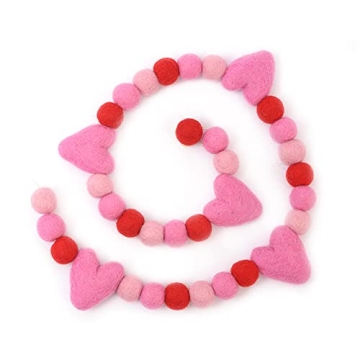 Glaciart One Pom Pom Garland - Wool Felt Ball Garland - 9 Feet, 30 Balls, 5 Hearts, 4 Colors, Pom Po...
