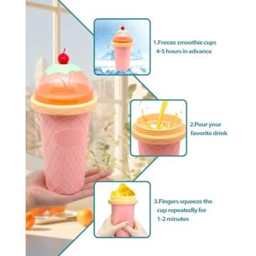 Slushie Cup, Smoothie Cups with Lids & Straws, Slushy Cup for Juices, Milk and Ice Cream Make, Portable Frozen Magic Slushie Cup Maker for Kids, Friends and Family (Pink)