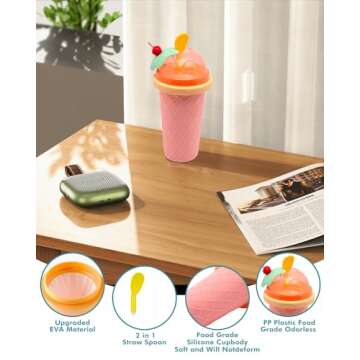 Slushie Cup, Smoothie Cups with Lids & Straws, Slushy Cup for Juices, Milk and Ice Cream Make, Portable Frozen Magic Slushie Cup Maker for Kids, Friends and Family (Pink)