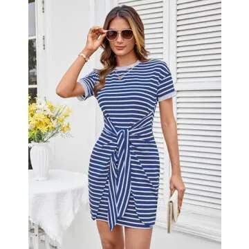 GRACE KARIN Striped Shirt Dresses for Women Front Tie Crewneck Wrap Dress Short Sleeve T-Shirt Casual Mini Bodycon Dress Blue L