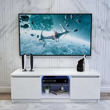 DMAITH TV Stand with LED Lights, White LED TV Stand for 50 55 Inch TV with Large Storage Drawer and ...