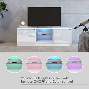 DMAITH TV Stand with LED Lights, White LED TV Stand for 50 55 Inch TV with Large Storage Drawer and Open Shelves, Modern Entertainment Center with High Gloss for Living Room, Bedroom, Playroom