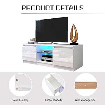 DMAITH TV Stand with LED Lights, White LED TV Stand for 50 55 Inch TV with Large Storage Drawer and Open Shelves, Modern Entertainment Center with High Gloss for Living Room, Bedroom, Playroom