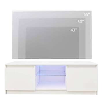 DMAITH TV Stand with LED Lights, White LED TV Stand for 50 55 Inch TV with Large Storage Drawer and Open Shelves, Modern Entertainment Center with High Gloss for Living Room, Bedroom, Playroom