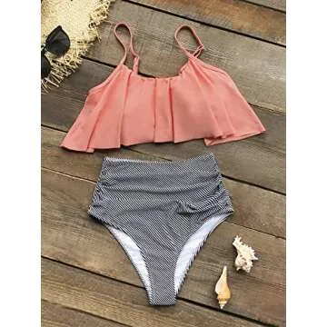 Cupshe Fashion Women Falbala High-waisted Bikini Set (M), Pink Orange