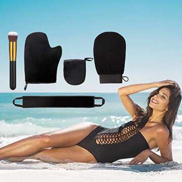Boao 5 Pieces Self Tanning Mitt Applicator Kit, Includes Tanning Mitt, Exfoliating Glove, Mini Face Glove, Back Lotion Applicator, and Large Brush Makeup