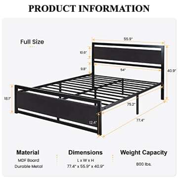 SHA CERLIN Full Size Bed Frame with Modern Headboard, Heavy Duty Platform Metal Base with Square Foo...