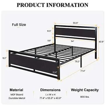 SHA CERLIN Full Size Bed Frame with Modern Headboard, Heavy Duty Platform Metal Base with Square Foo...