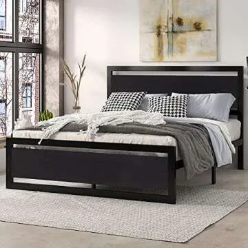 SHA CERLIN Full Size Bed Frame with Modern Headboard, Heavy Duty Platform Metal Base with Square Footboard and 13 Strong Slats Support, No Box Spring Needed, Black