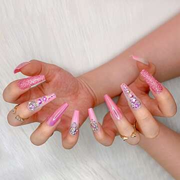 Artquee 36pcs Pink Ombre Crystal Press on Nails with 3D Rhinestones Mixed Pink Metal and Glitter Glossy False Nails Long Ballerina Coffin Flash Fake Nail Tips Manicure for Women