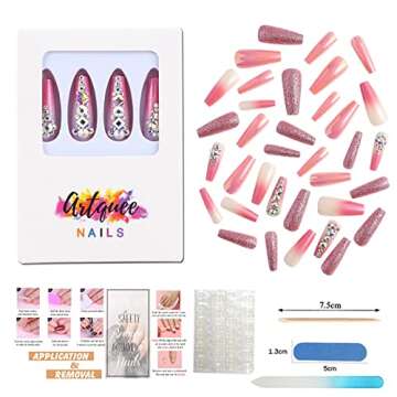 Artquee 36pcs Pink Ombre Crystal Press on Nails with 3D Rhinestones Mixed Pink Metal and Glitter Glossy False Nails Long Ballerina Coffin Flash Fake Nail Tips Manicure for Women